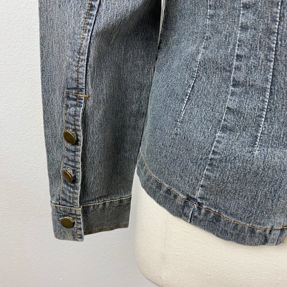 She's Cool Fitted Denim Jacket Pockets Mandarin Collar Button Front Dark Wash SM - Picture 7 of 11